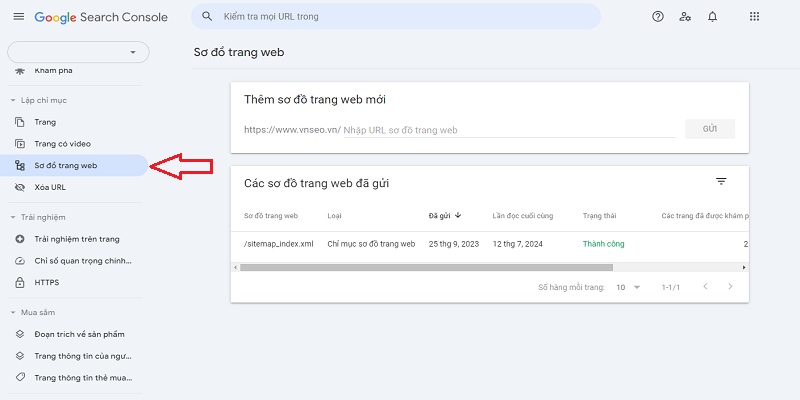 Thêm sitemap vào Search Console