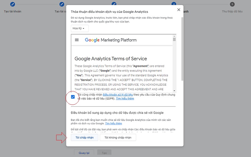 Đọc kỹ và đồng ý với những điều khoản dịch vụ của Google Analytics